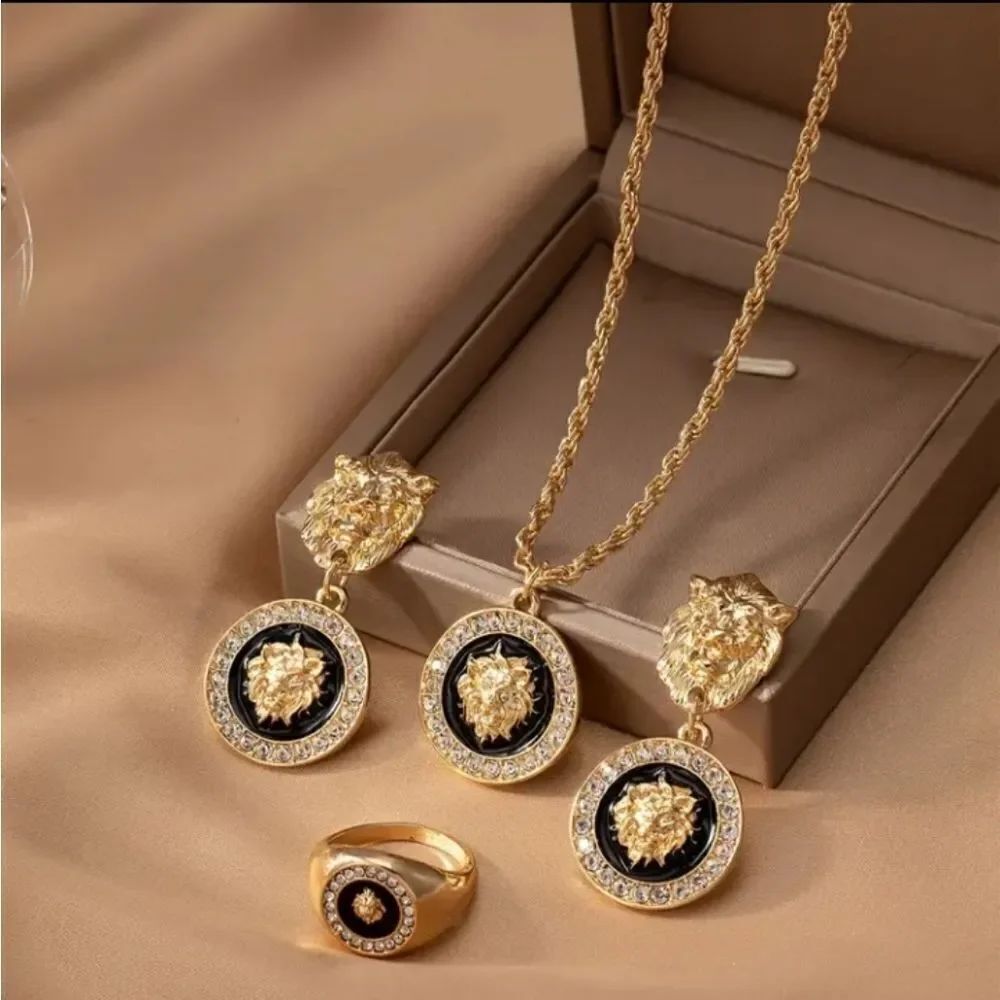 Black & Gold Diamond Lion Necklace Ring & Earrings Set